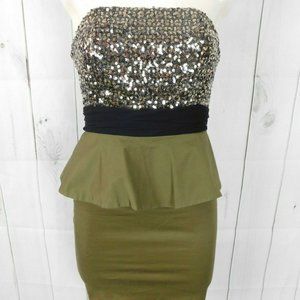 Alice + Olivia Olive Green Black Silver Sequin Silk Peplum Strapless Dress - 2